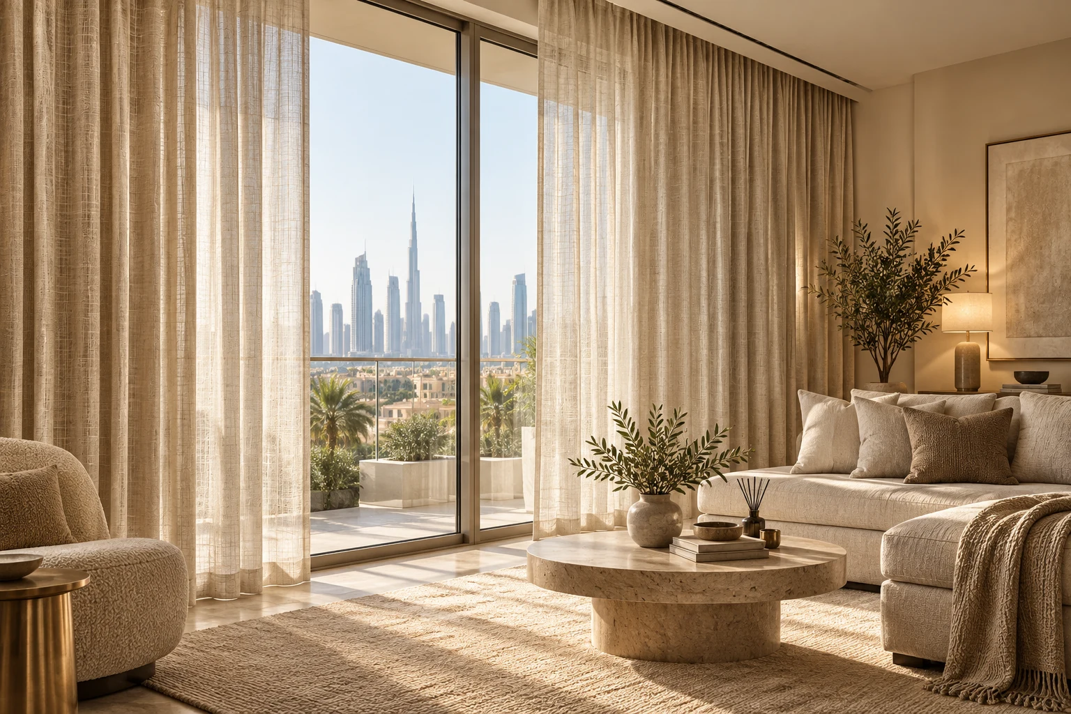 Floor-length curtains in a calm Dubai interior