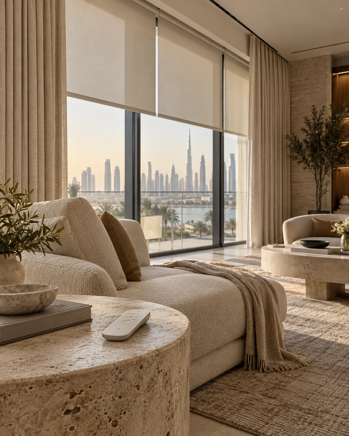 Motorized roller shades in a living room