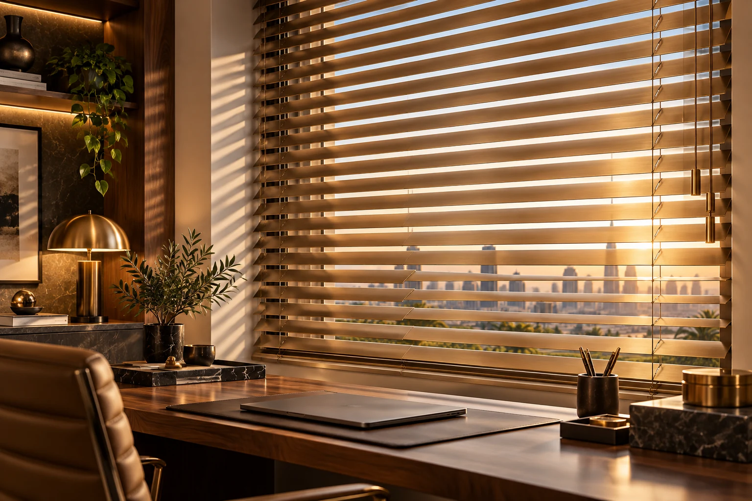 Venetian blinds tilted to filter afternoon light