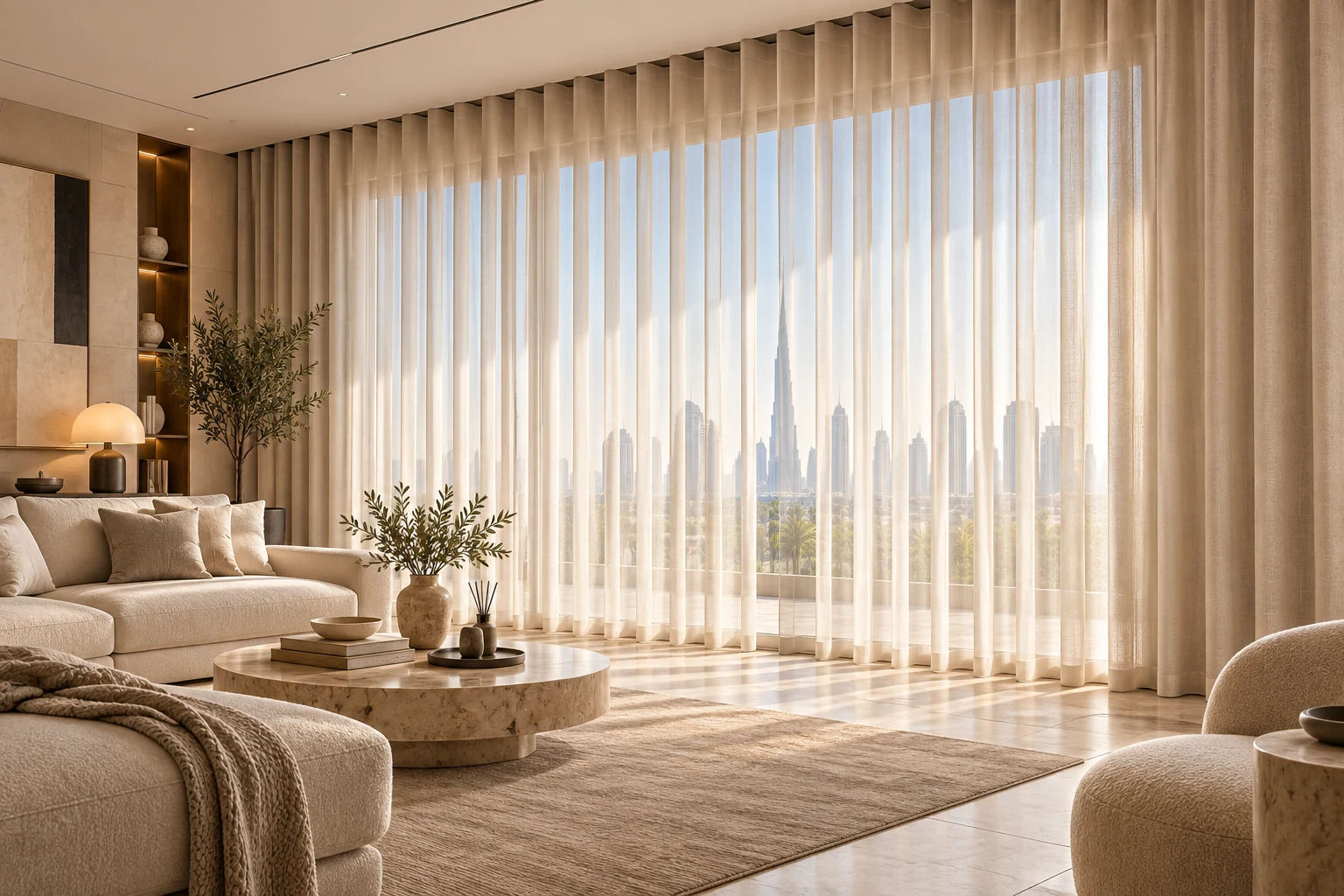 Floor-length sheer wave curtains in a bright living room
