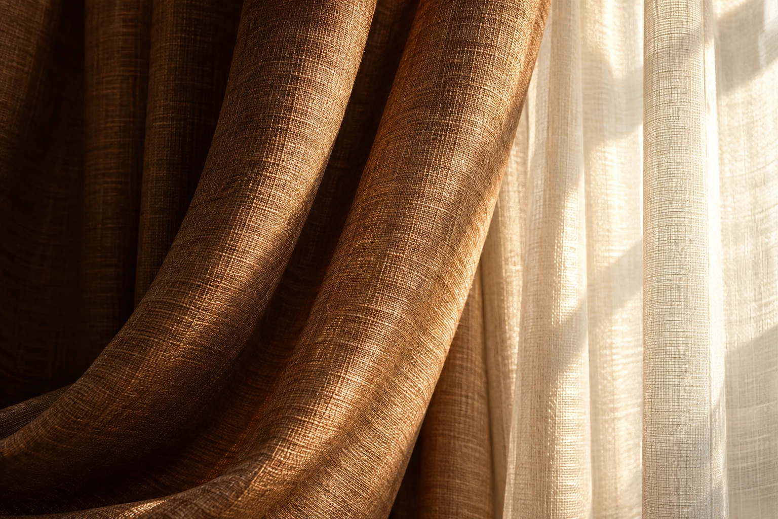 AI textile study: bronze linen and luminous ivory sheer curtain folds
