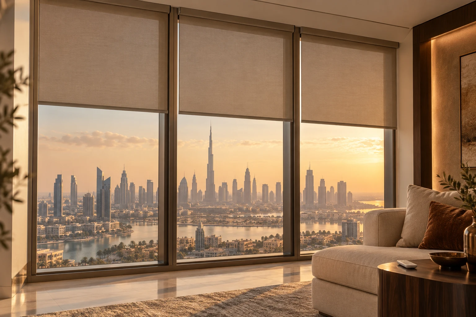Made-to-measure blinds overlooking the Dubai skyline